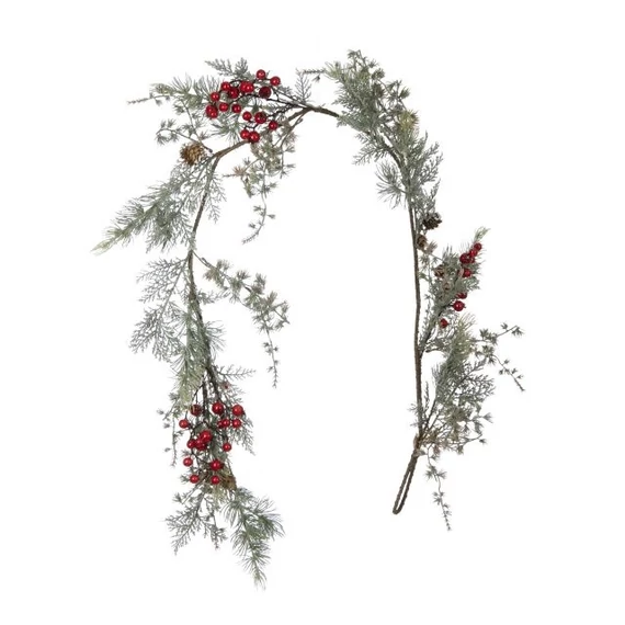 Fenyő girland bogyókkal, 150 cm, műanyag, zöld és piros