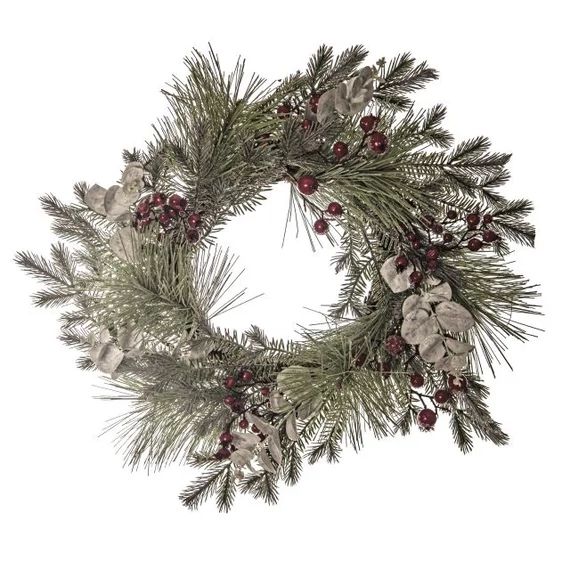 Fenyő koszorú, bogyóval, eukaliptusszal, glitteres, műanyag, 60 cm, zöld, piros