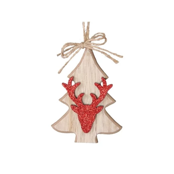 Akasztós fenyő szarvassal, fa, 6,5x8,5 cm, natúr, piros, 6 db