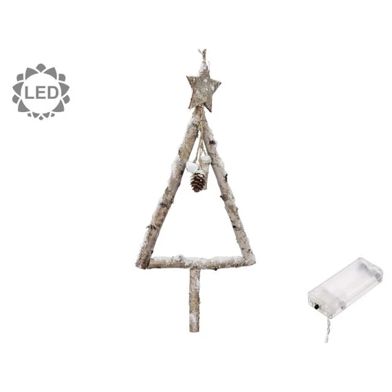 Betűzős havas fenyőfa csillaggal, LED-es, fa, 22x56 cm, natúr