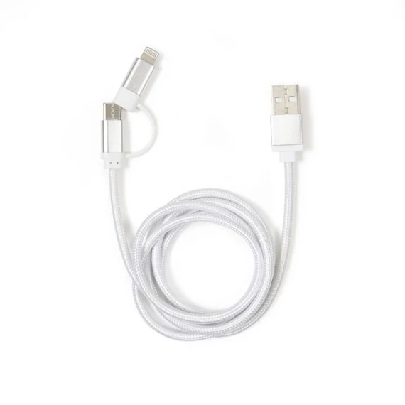 Fehér fonott lightning és USB-C kábel, 2 in 1