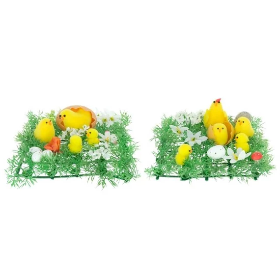 Csibe fűvel, tojással, műanyag, 15 cm, zöld, sárga