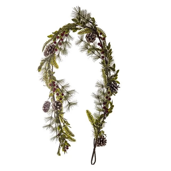 Glitteres girland bogyóval és tobozzal, műanyag, zöld-piros, 153 cm