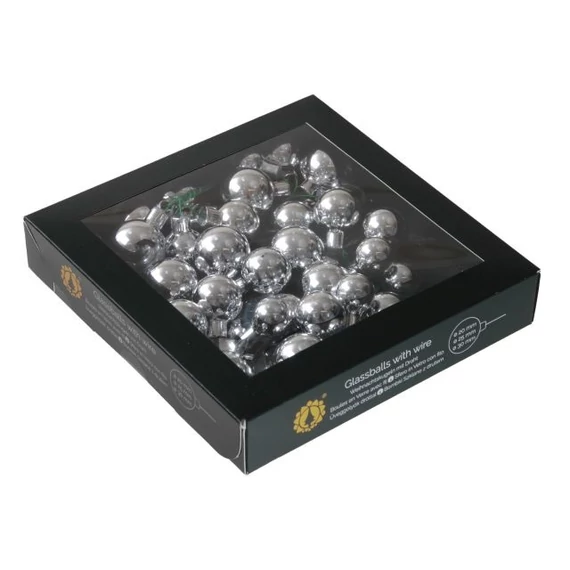 Betűzős üveg gömb, 2/2,5/3 cm, silver shiny, 6 db