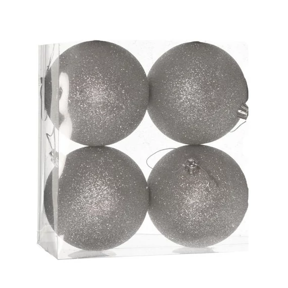 Műanyag gömb dobozban, 10 cm, ezüst, glitteres, 4 db