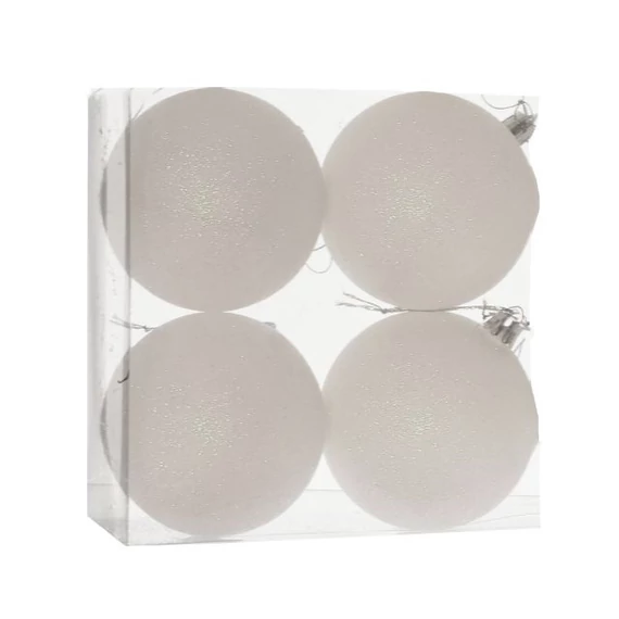 Műanyag gömb dobozban, 10 cm, fehér, glitteres, 4 db
