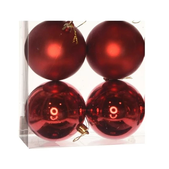 Műanyag gömb dobozban, 10 cm, piros, 3 féle, 4 db