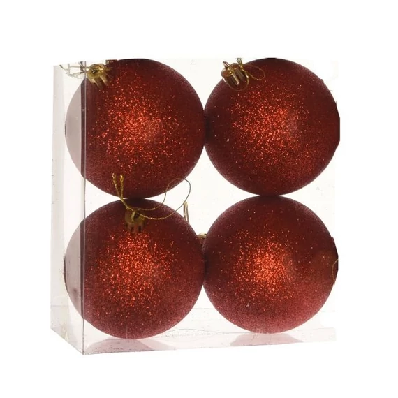 Műanyag gömb dobozban, 10 cm, piros, glitteres, 4 db