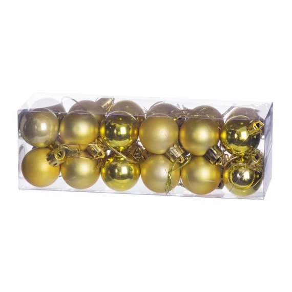 Műanyag gömb dobozban, 3 cm, arany, 3 féle, 24 db