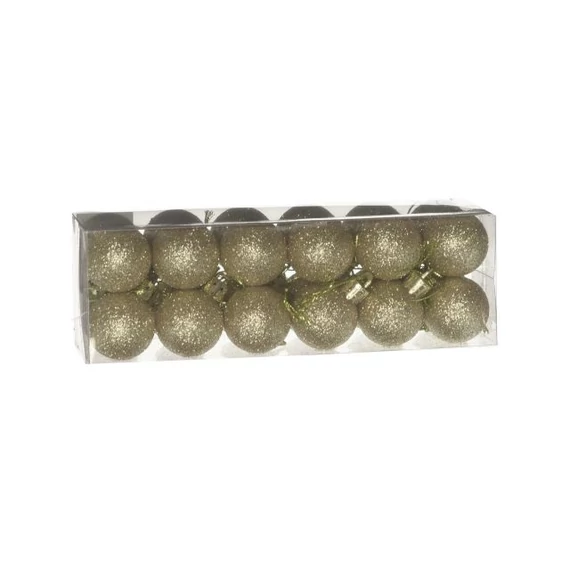 Műanyag gömb dobozban, 3 cm, arany, glitteres, 24 db