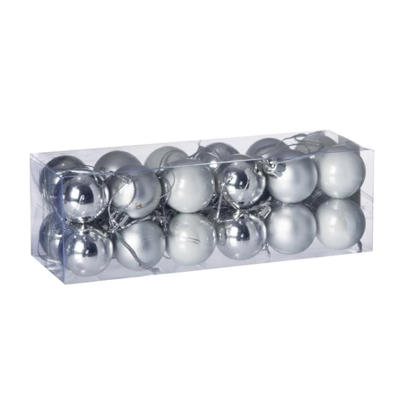 Műanyag gömb dobozban, 3 cm, ezüst, 3 féle, 24 db
