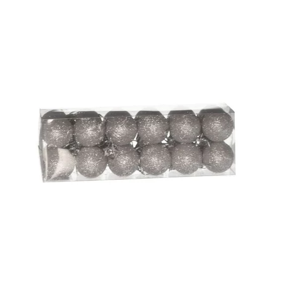 Műanyag gömb dobozban, 3 cm, ezüst, glitteres, 24 db