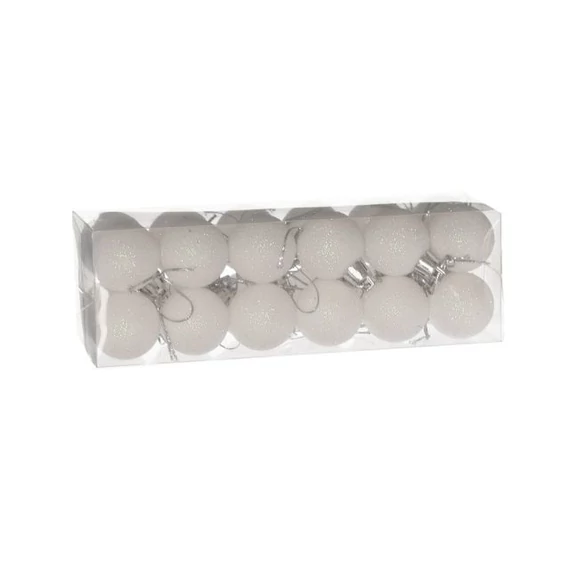 Műanyag gömb dobozban, 3 cm, fehér, glitteres, 24 db