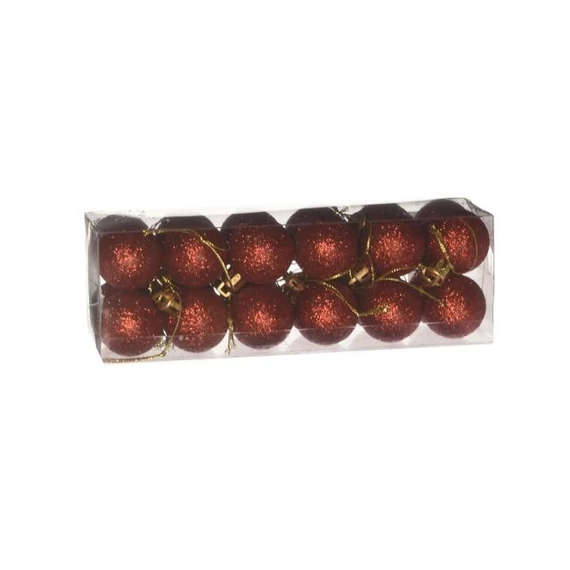 Műanyag gömb dobozban, 3 cm, piros, glitteres, 24 db