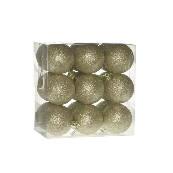 Műanyag gömb, dobozban, 5 cm, arany, glitteres, 18 db