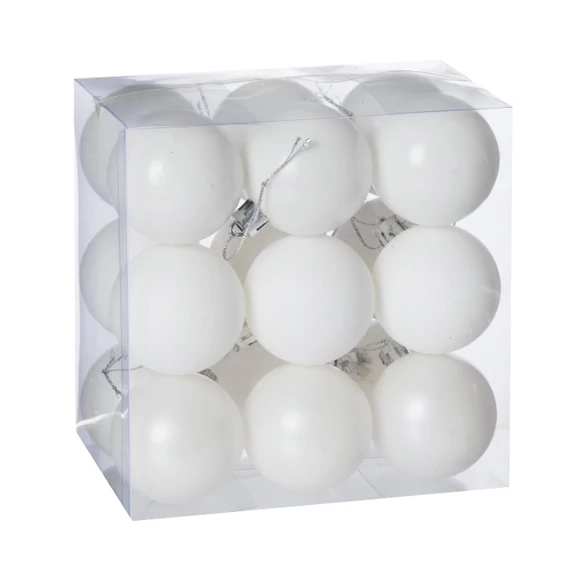Műanyag gömb, dobozban, 5 cm, fehér, 3 féle, 18 db