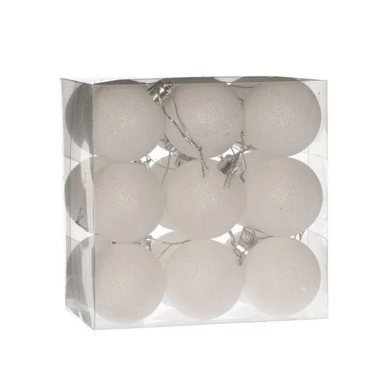 Műanyag gömb dobozban, 5 cm, fehér, glitteres, 18 db