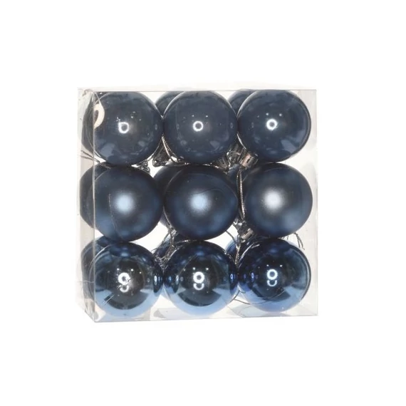 Műanyag gömb dobozban, 5 cm, kék, 3 féle, 18 db