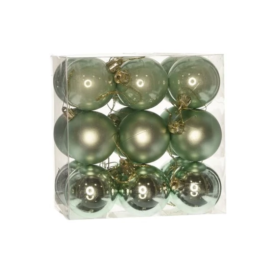 Műanyag gömb dobozban, 5 cm, menta zöld, 3 féle, 18 db