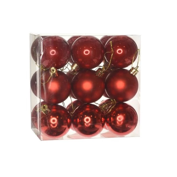 Műanyag gömb, dobozban, 5 cm, piros, 3 féle, 18 db