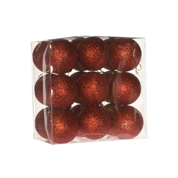 Műanyag gömb, dobozban, 5 cm, piros, glitteres, 18 db