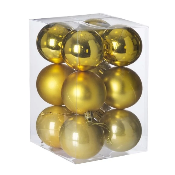 Műanyag gömb dobozban, 6 cm, arany, 3 féle, 12 db
