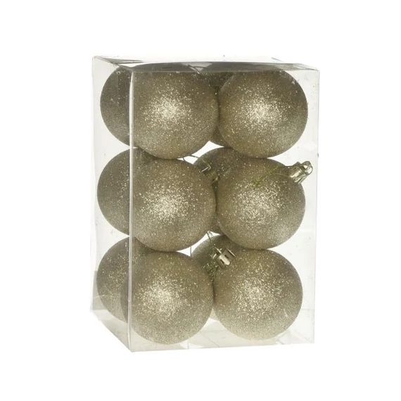 Műanyag gömb, dobozban, 6 cm, arany, glitteres, 12 db