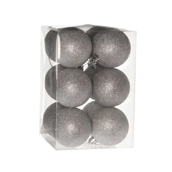 Műanyag gömb dobozban 6 cm ezüst glitteres 12 db