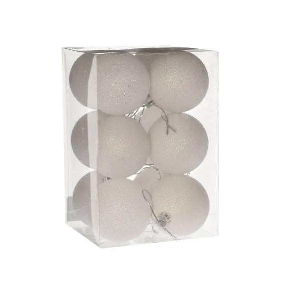 Műanyag gömb dobozban, 6 cm, fehér, glitteres, 12 db