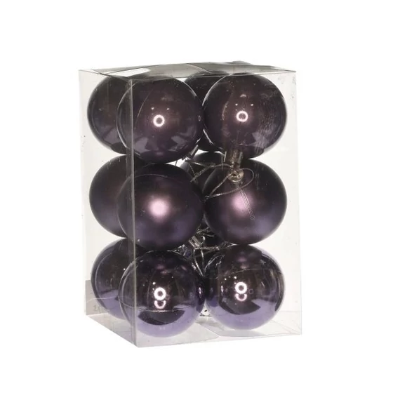 Műanyag gömb, dobozban, 6 cm, lila, 3 féle, 12 db