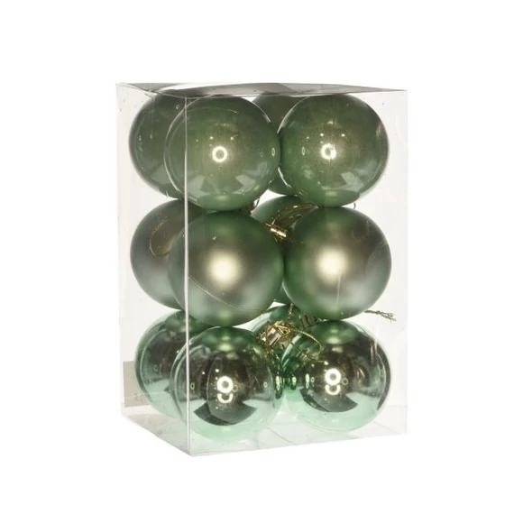 Műanyag gömb, dobozban, 6 cm, menta zöld, 3 féle, 12 db
