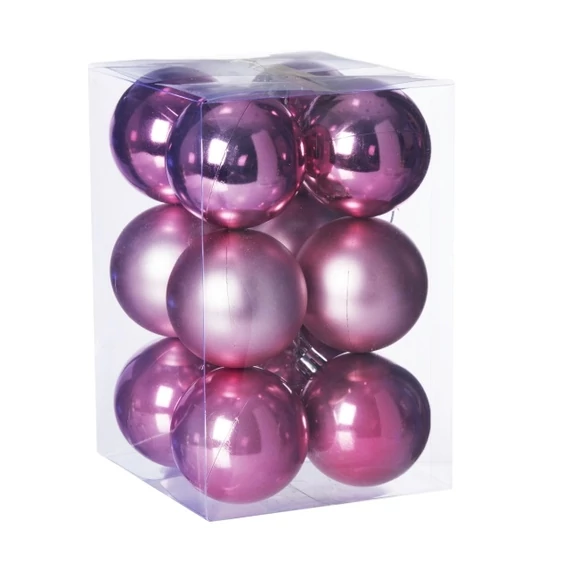 Műanyag gömb, dobozban, 6 cm, pink, 3 féle, 12 db