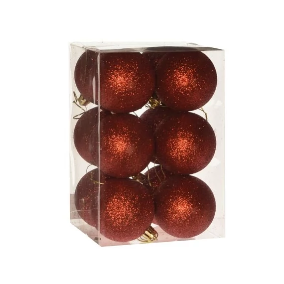 Műanyag gömb dobozban 6 cm piros glitteres 12 db