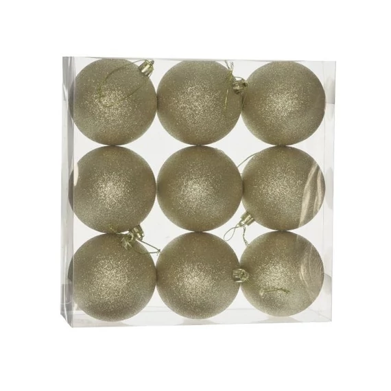 Műanyag gömb, dobozban, 8 cm, arany, glitteres, 9 db