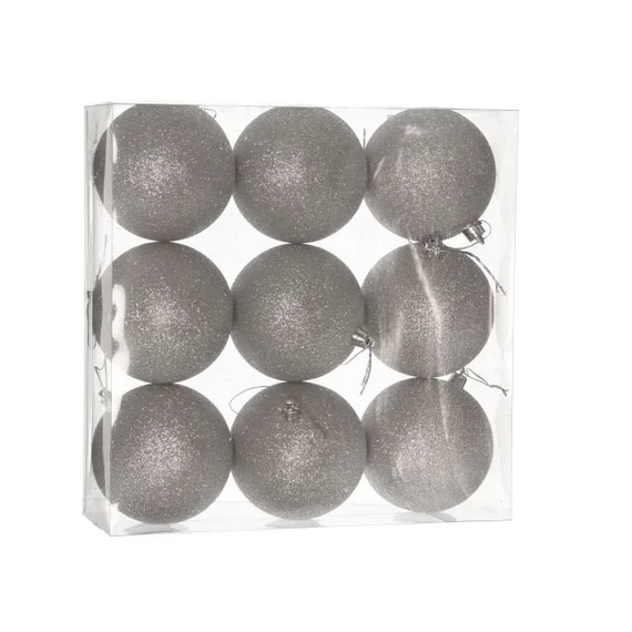 Műanyag gömb, dobozban, 8 cm, ezüst, glitteres, 9 db