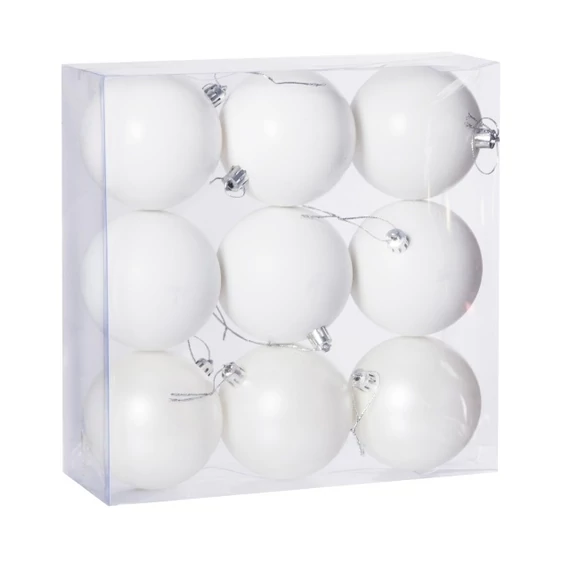 Műanyag gömb, dobozban, 8 cm, fehér, 3 féle, 9 db