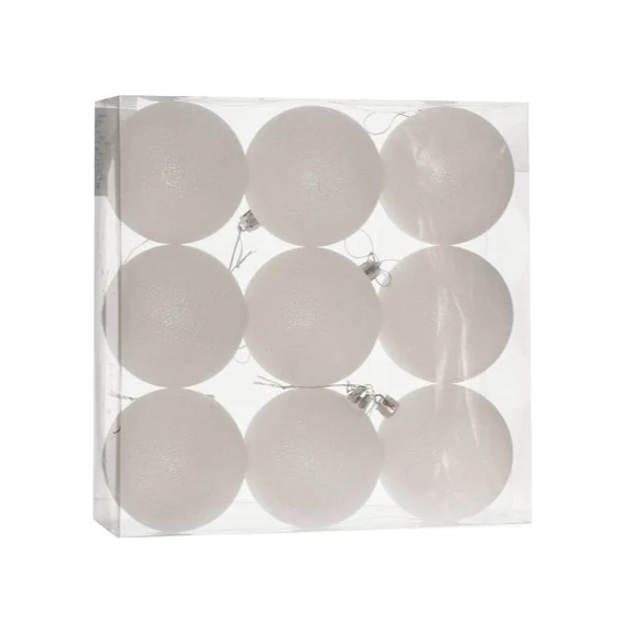 Műanyag gömb, dobozban, 8 cm, fehér, glitteres, 9 db