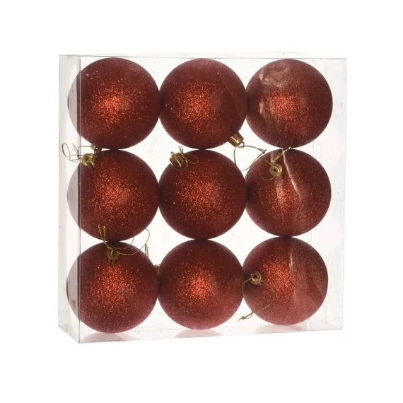 Műanyag gömb dobozban, 8 cm, piros, glitteres, 9 db
