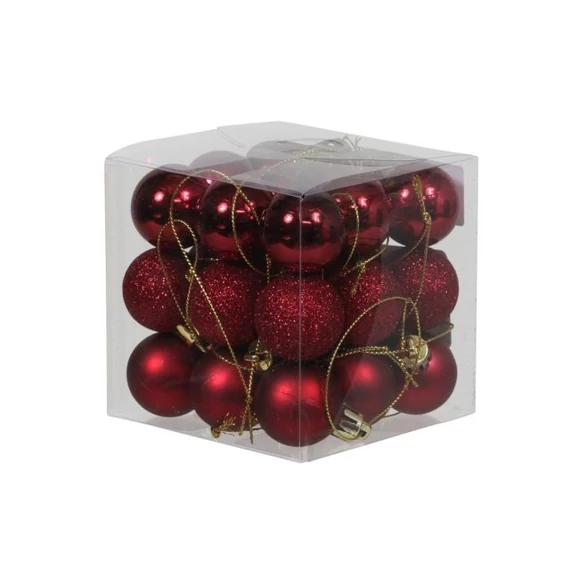 Műanyag gömb, fényes-matt-glitteres, 3 cm, bordó, 27 db