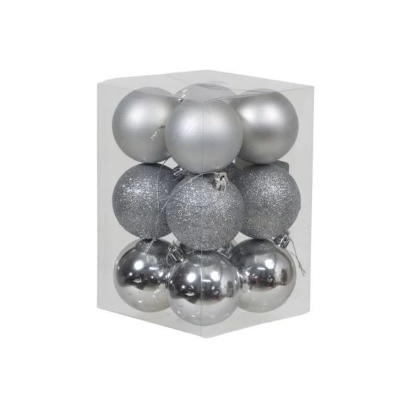 Műanyag gömb fényes-matt-glitteres 6 cm ezüst 12 db