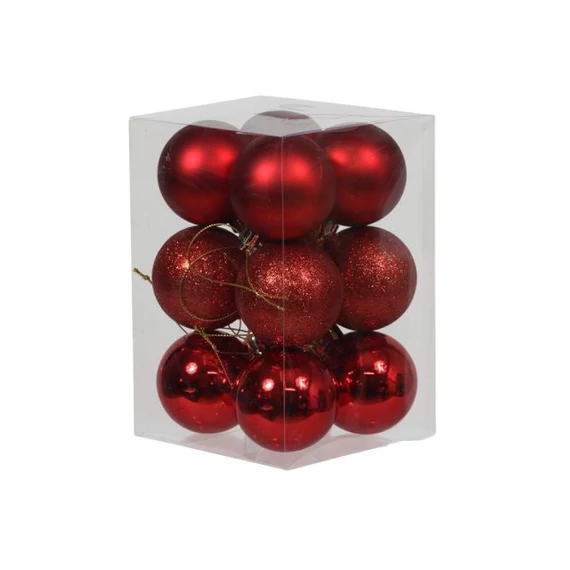Műanyag gömb, fényes-matt, glitteres, 6 cm, piros, 12 db