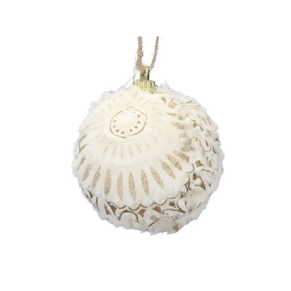 Plüss mintás gömb, textil, 7 cm, fehér, arany, 6 db