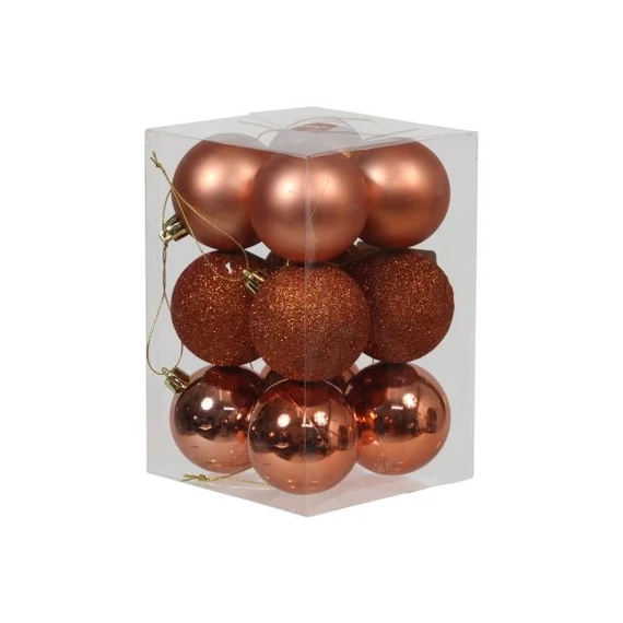 Műanyag gömb, 6 cm, réz, fényes-matt-glitteres, 12 db