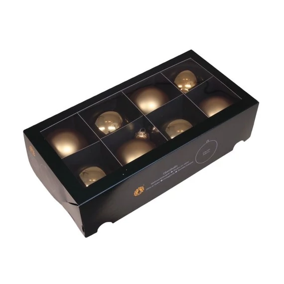 Üveg gömb, 8 cm, bright gold combi, 8 db