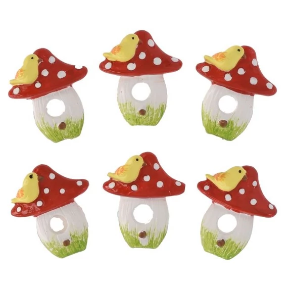 Öntapadós gomba madárral, 3,4x2,9x0,8 cm, piros és sárga (6 db)