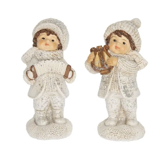 Álló gyerek fiú és lány hangszerrel, glitteres, poly, fehér, 4,6 x 4,2 x 9,7 cm, 2 féle