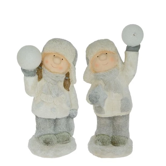 Gyerek figura hógömbbel és LED világítással, fiú vagy lány, 21x18x49 cm, szürke és fehér (2 féle)