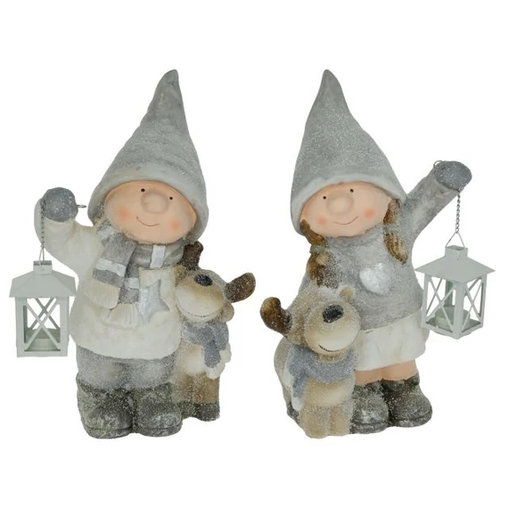 Gyerek figura lámpással, fiú vagy lány, 28x25x43 cm, szürke és fehér (2 féle)