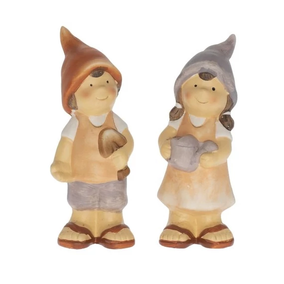 Álló gyerek fiú, lány manósapkában, kerámia, 7x5,7x19,5 cm, lila, narancs, 2 féle