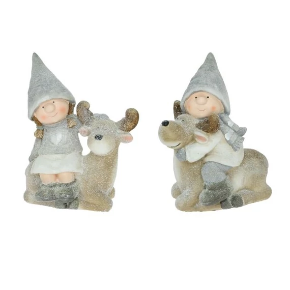 Gyerek figura rénszarvassal, fiú vagy lány, 36,5x22,5x45,5 cm, szürke és fehér (2 féle)